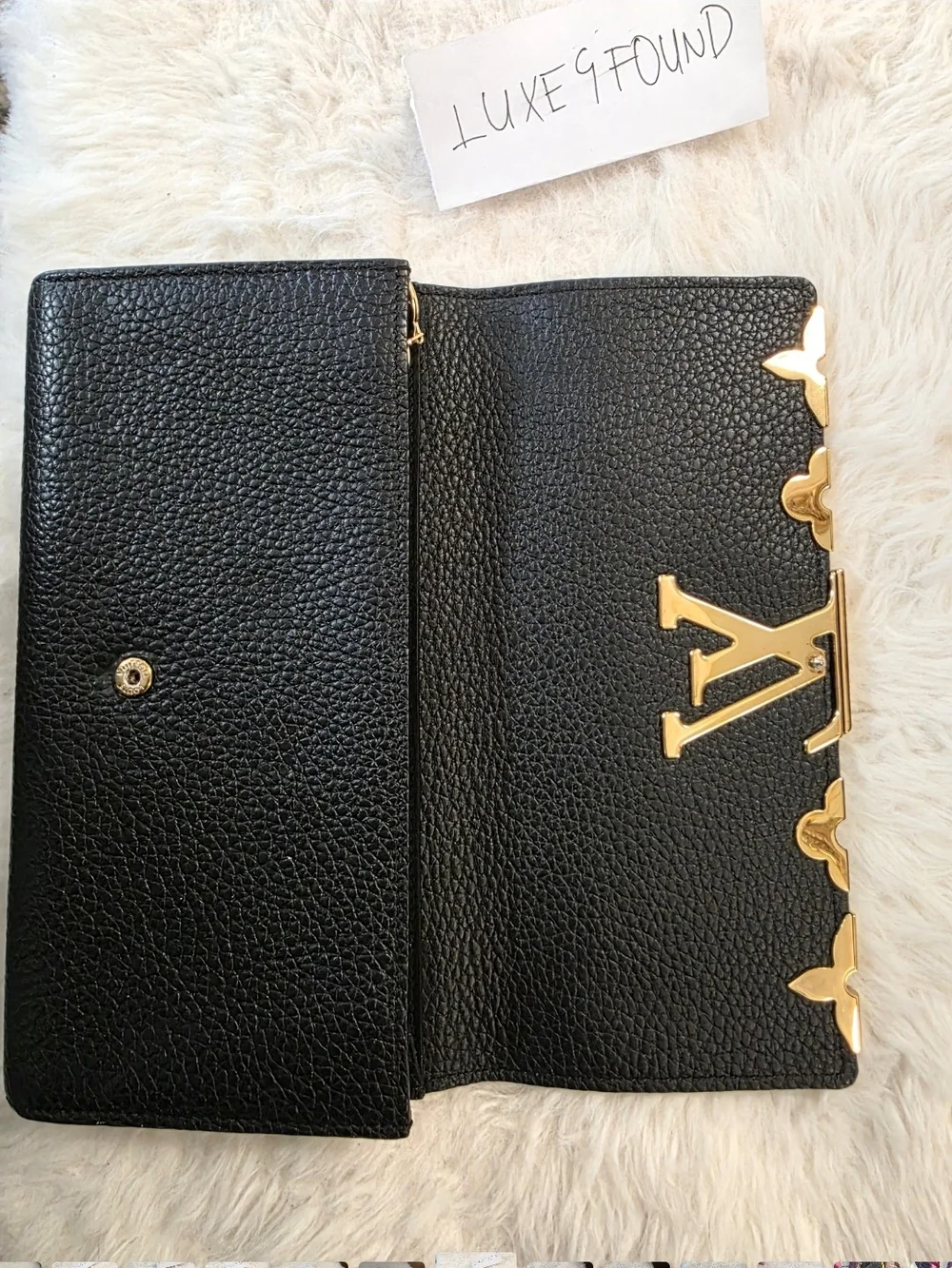 Louis Vuitton Black Grained Leather Continental Wallet with Gold Emblem